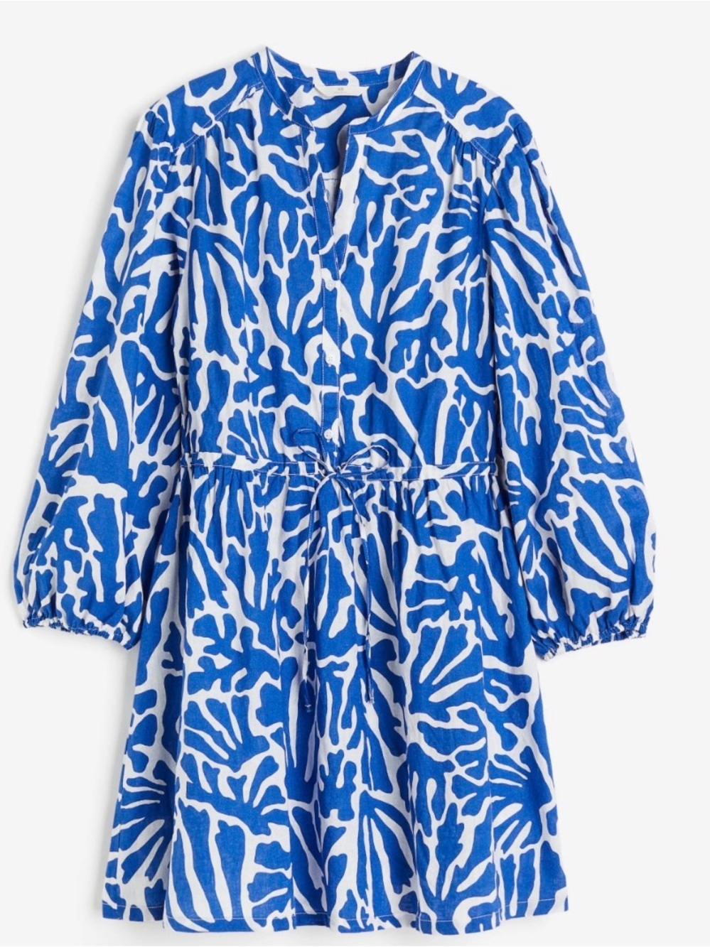 H&M Blue and White Linen-Blend Printed Dress